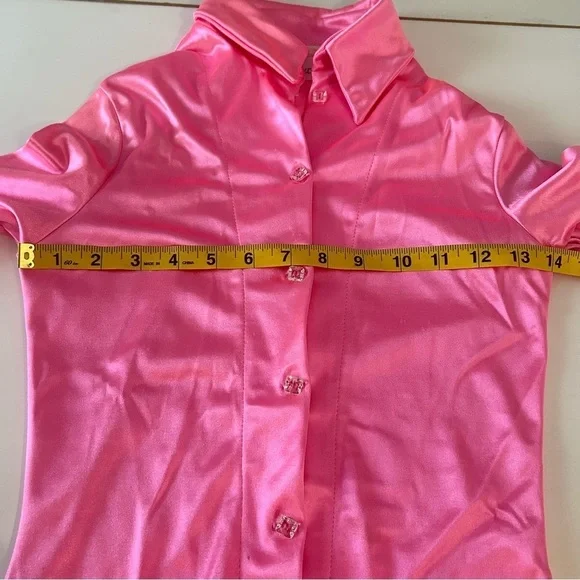Deviations Vintage Hot Pink Barbie Top Button Down  Small Rare Crystal Bead - Picture 12 of 13